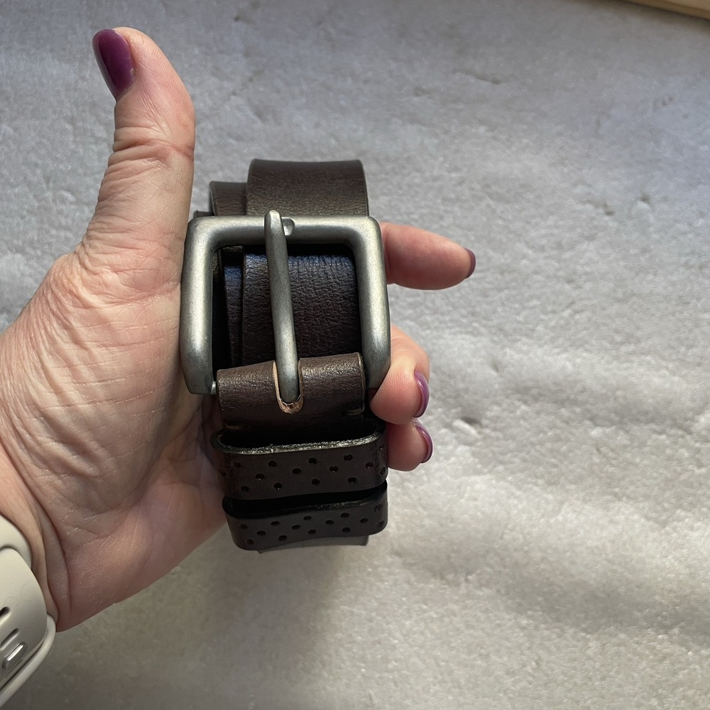 Brown Leather Belt Men 42 Brushed Metal Buckle Dual Perforated Keepers Rugged‎